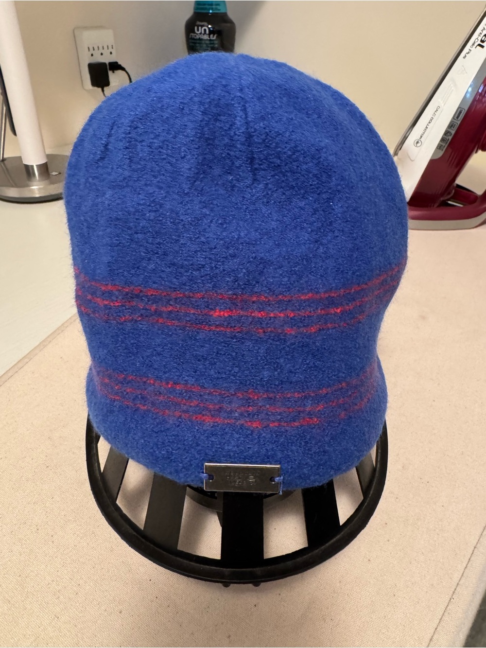 Boys Blue Wool Beanie with Red Stripe Detail mountain hardwear